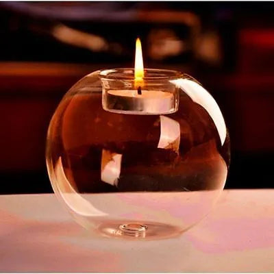 Handmade hot glass round hollow candle holder table in transparent glass with 8cm, 10cm, and 12cm diameter options