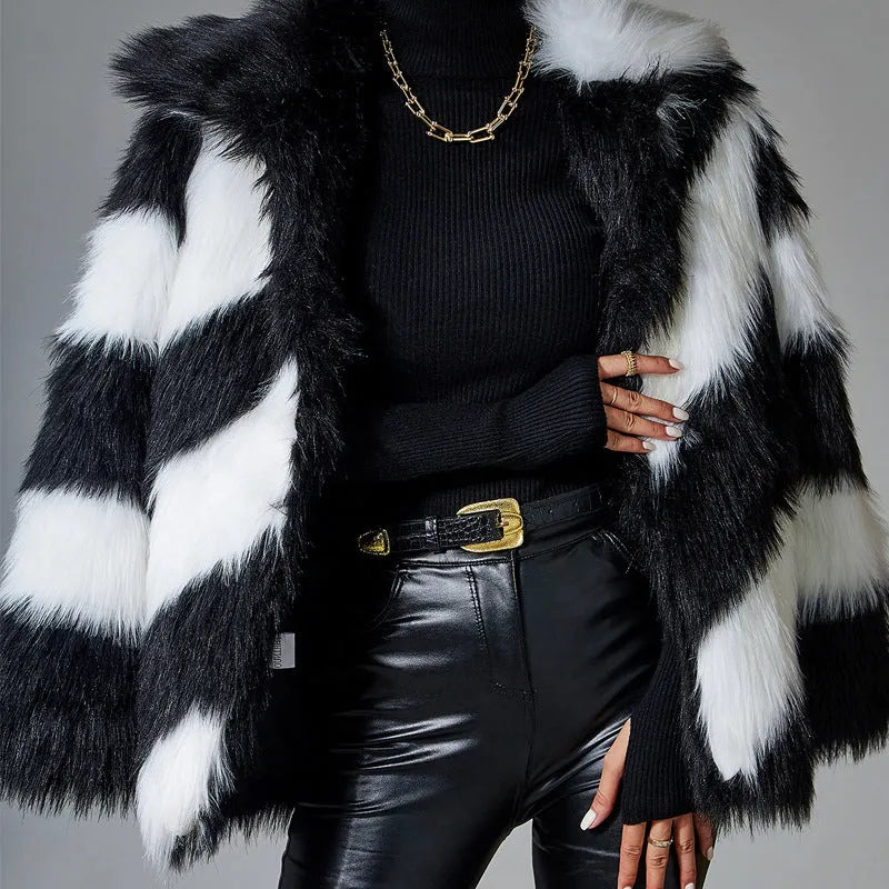 Women's contrast lapel faux fur coat with detachable collar in picture colour