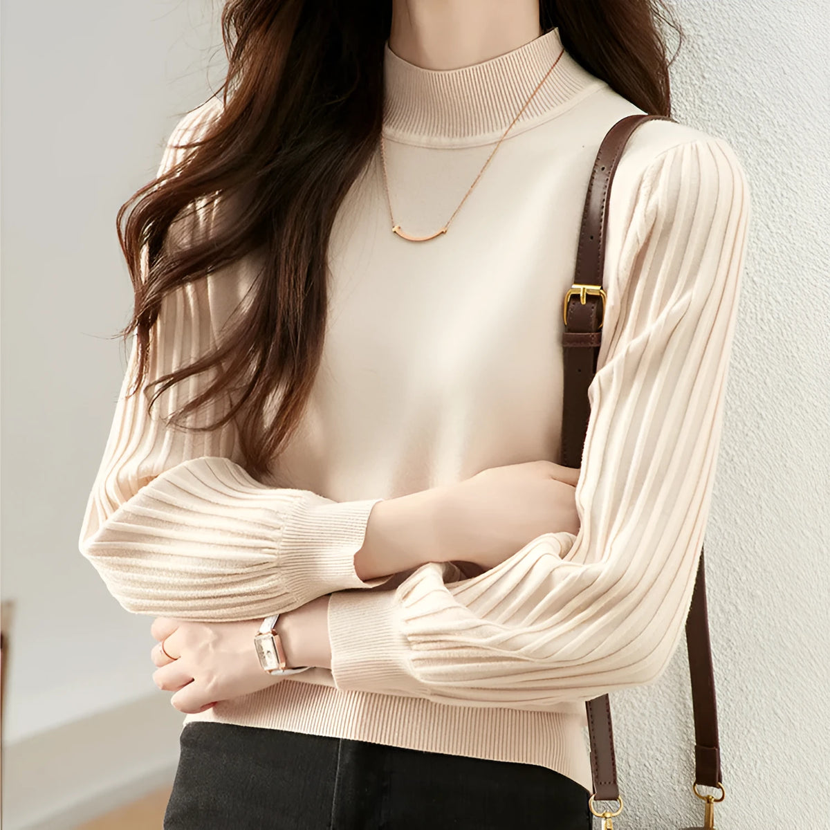 Women's slim-fit half turtleneck shirt in sunk stripe pattern, available in four colours