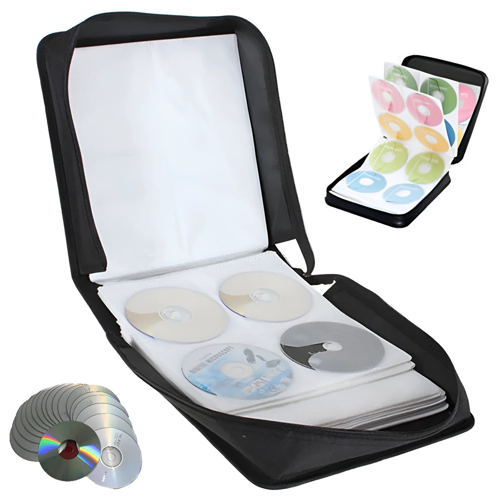 Black Oxford fabric CD DVD storage organiser binder bag with hand strap and zipper closure