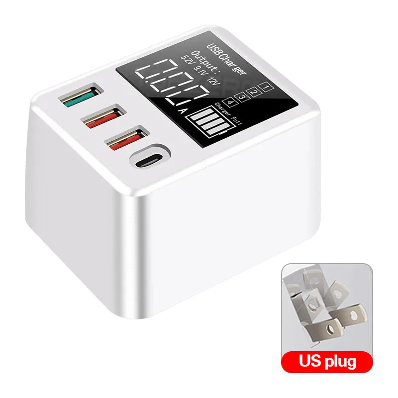 White 4-port USB travel charger with LED display showing output numbers, with UK plug pins.