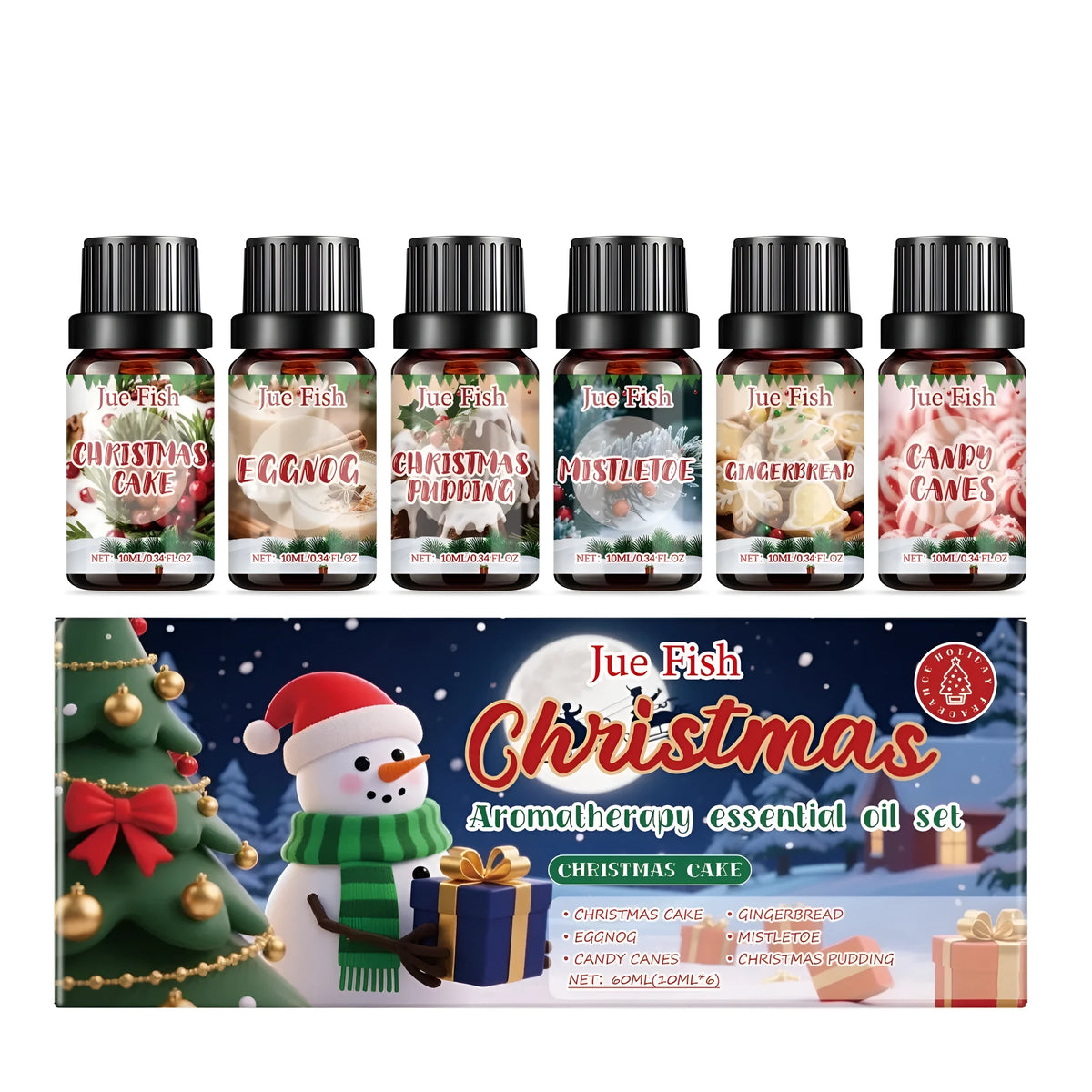 Christmas aromatherapy essential oil set with six 10ml bottles showing festive fragrance labels