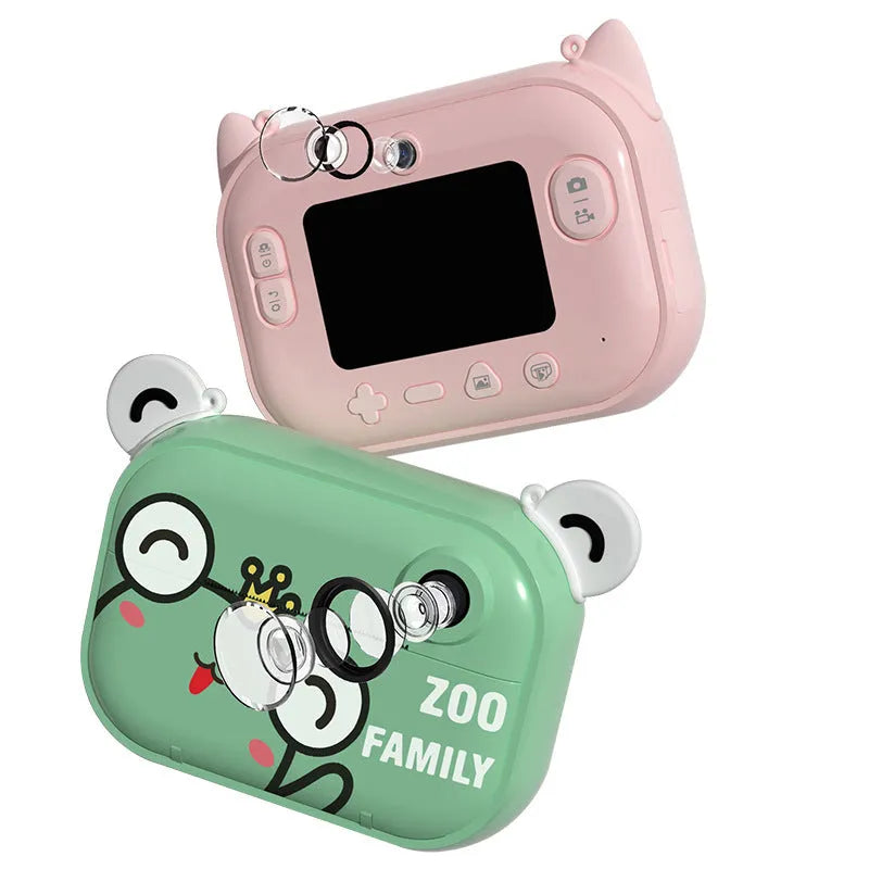 Blue, green, and pink HD digital camera model C3 with 2.4-inch screen shown with accessories