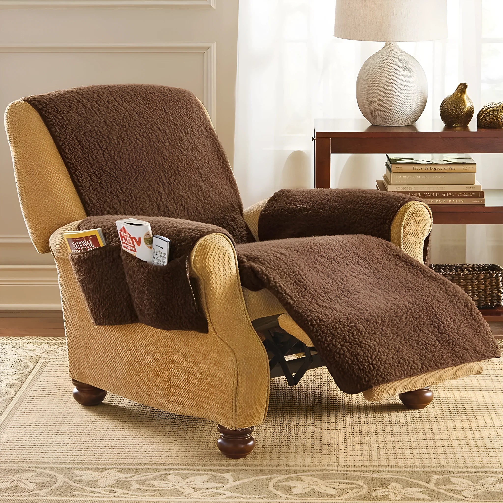 Lambswool texture polyester sofa slipcover in beige, shown on a cushion.