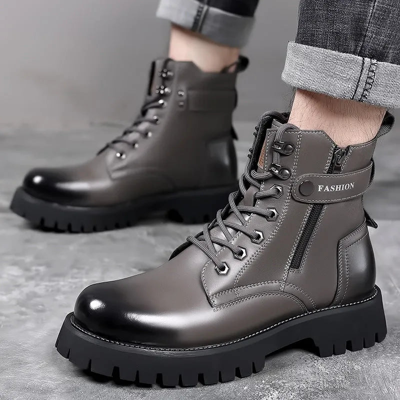 Men's light brown Martin boots with side zipper, thick rubber sole, and visible stitching on leather upper