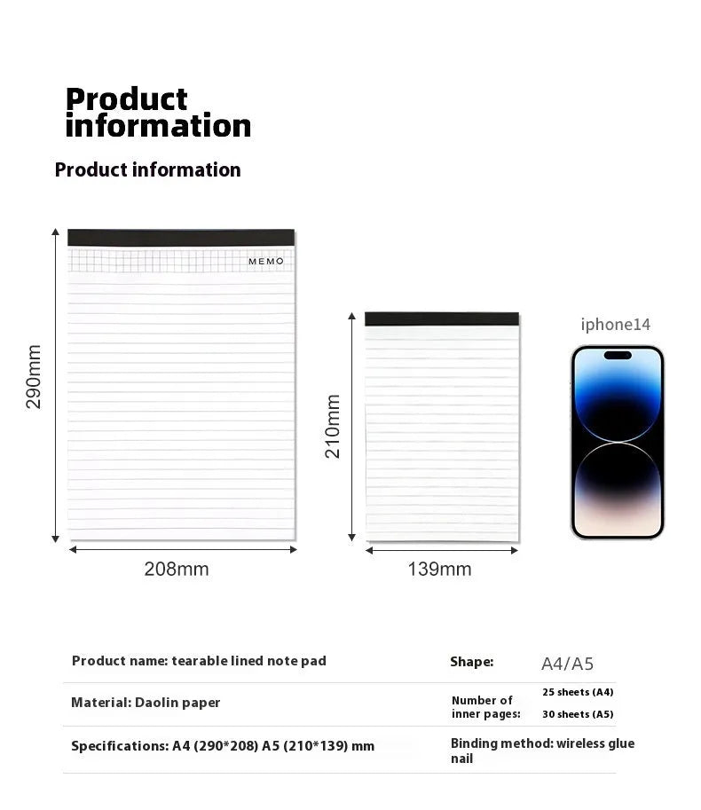 A4 tearable notebook with grid-lined pages and paper cover, showing adhesive binding.