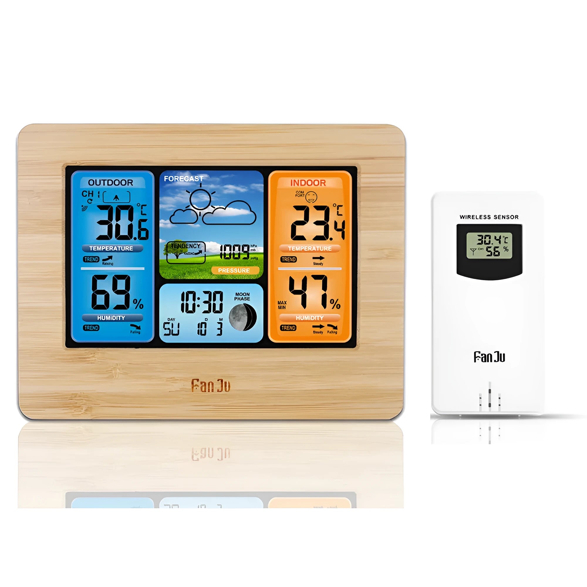 Digital weather station clock with LCD display showing temperature humidity and forecast in black plastic case