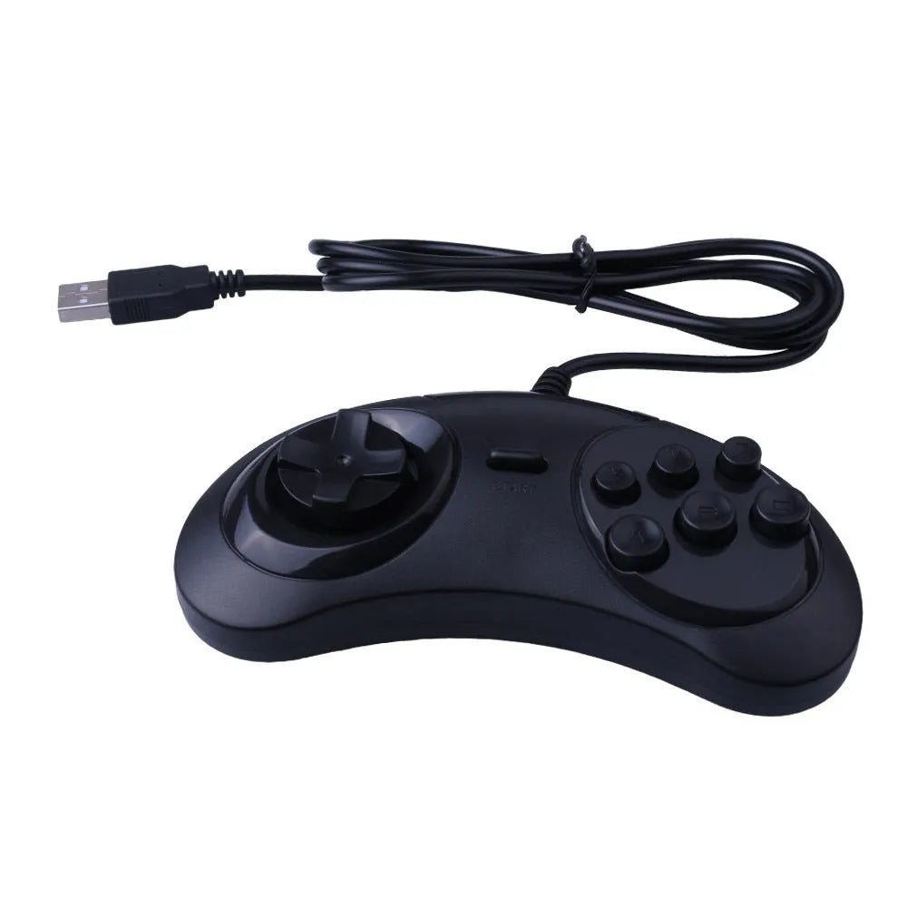Black Sega USB PC game controller with 1.8-metre cable on grey background