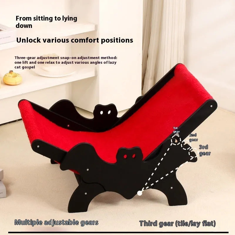 Wooden cat recliner bed with Halloween black and red design on raised platform