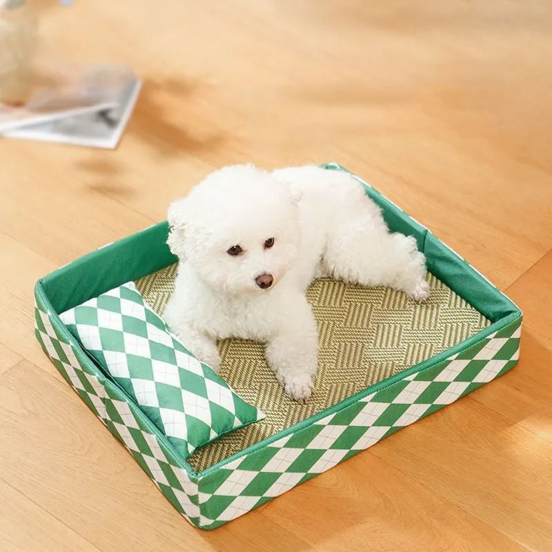 Blue woven rattan cat cooling mat with anti-slip backing placed on a wooden floor.