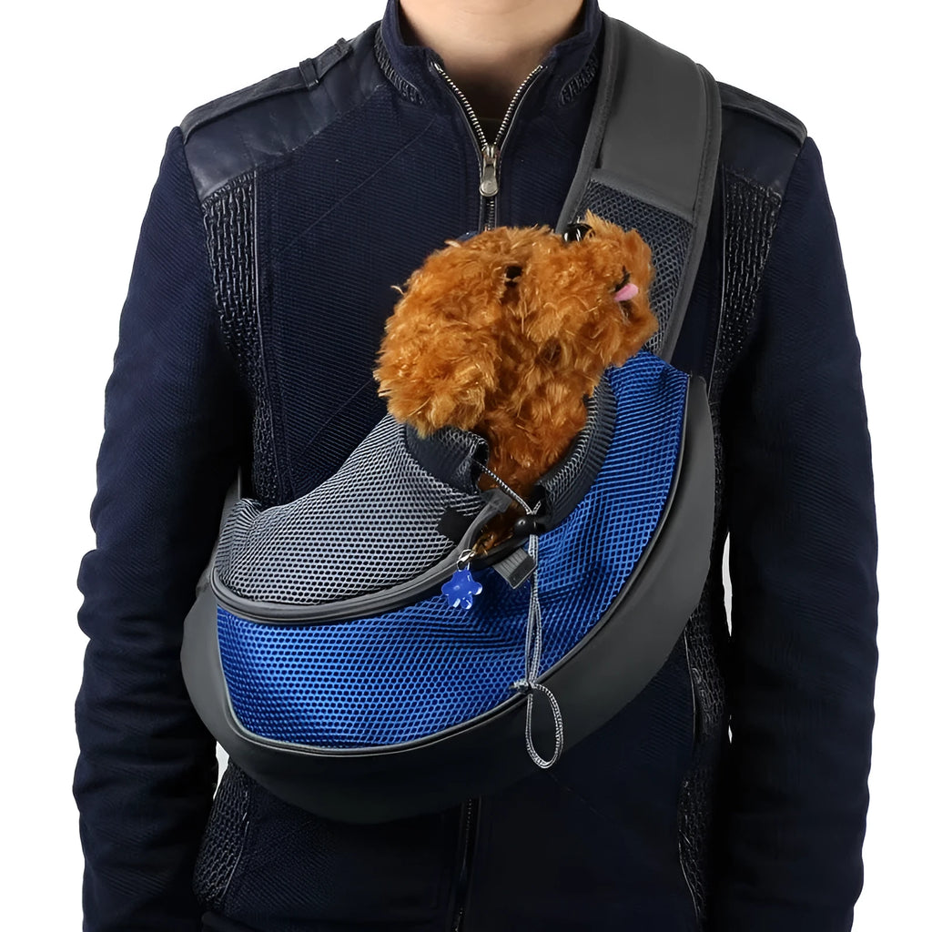 Polyester pet backpack carrier for a small dog or cat, shown in blue colour.