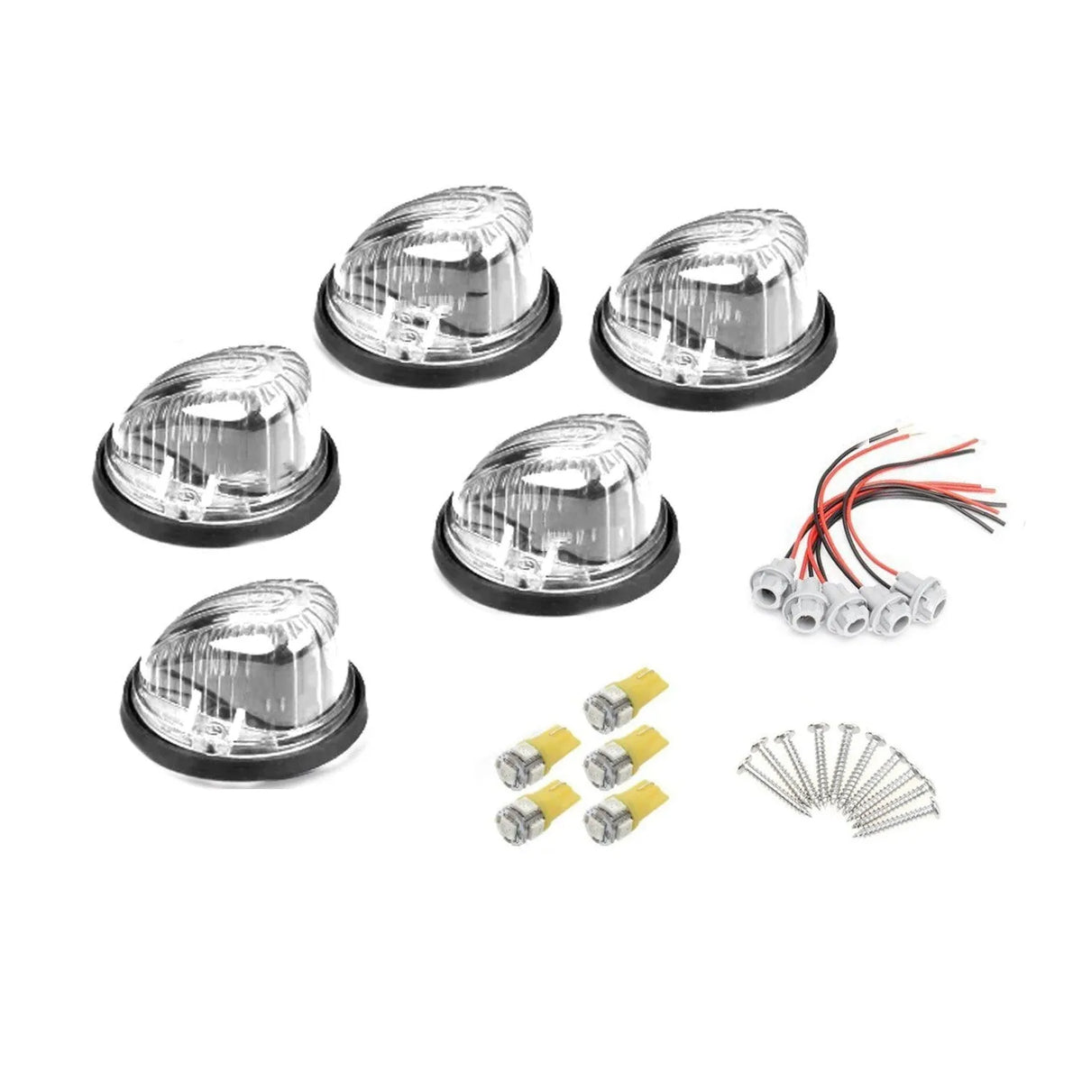 Five yellow LED cab marker lights with lenses, bases, bulbs, and screws for vehicle roof mounting