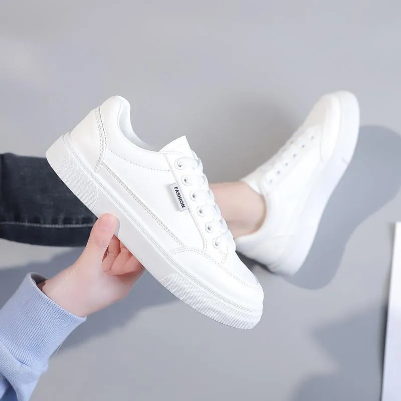 Women's Korean style solid colour low-top sneakers in white and brown with artificial PU leather upper