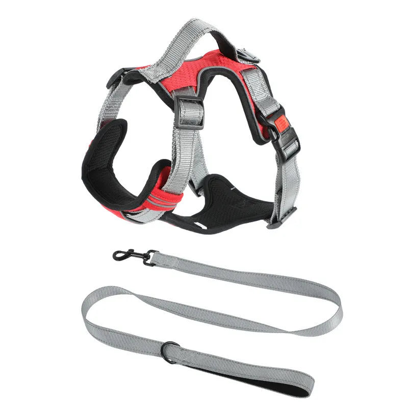 Adjustable polyester dog chest harness in multiple colours with optional hand-holding rope attached.