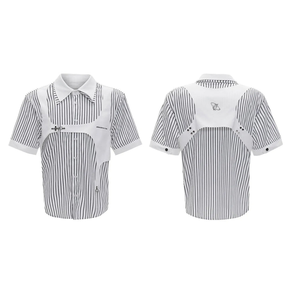 Men's black and white striped cotton shirt with double collar design and short sleeves