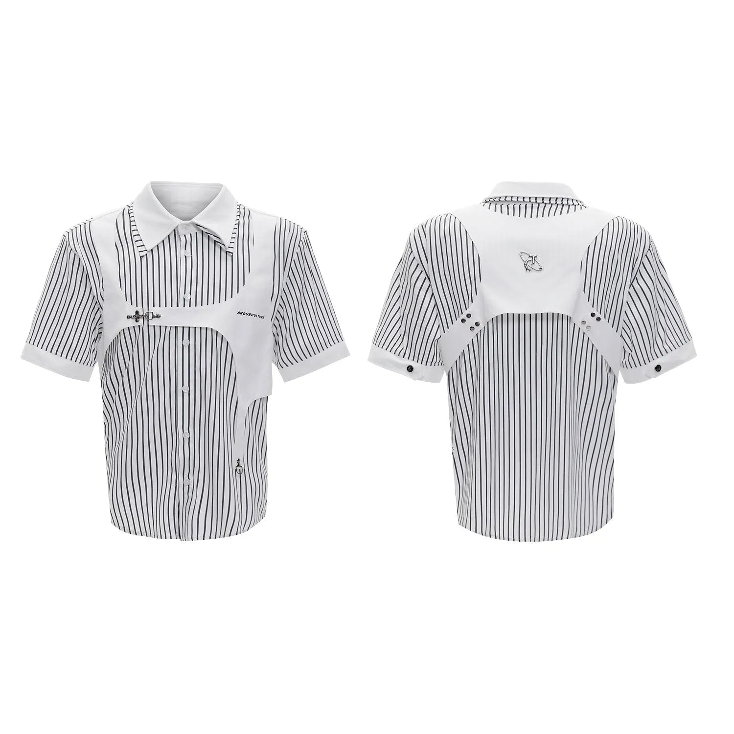 Men's black and white striped cotton shirt with double collar design and short sleeves