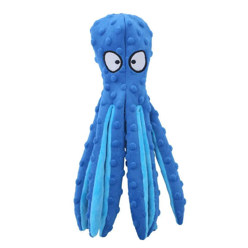 Blue octopus plush dog toy with tentacles, 32cm long no-stuffing chew toy with squeaker and crinkle sounds