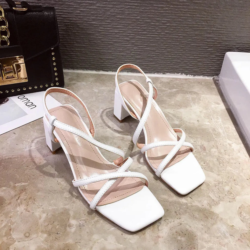 Women's apricot thick wedge heel sandals with a single wide forefoot strap and open back.