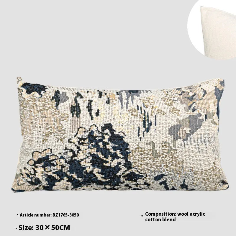 Antique blue decorative cushion with abstract floral pattern, shown in square and waist pillow sizes.