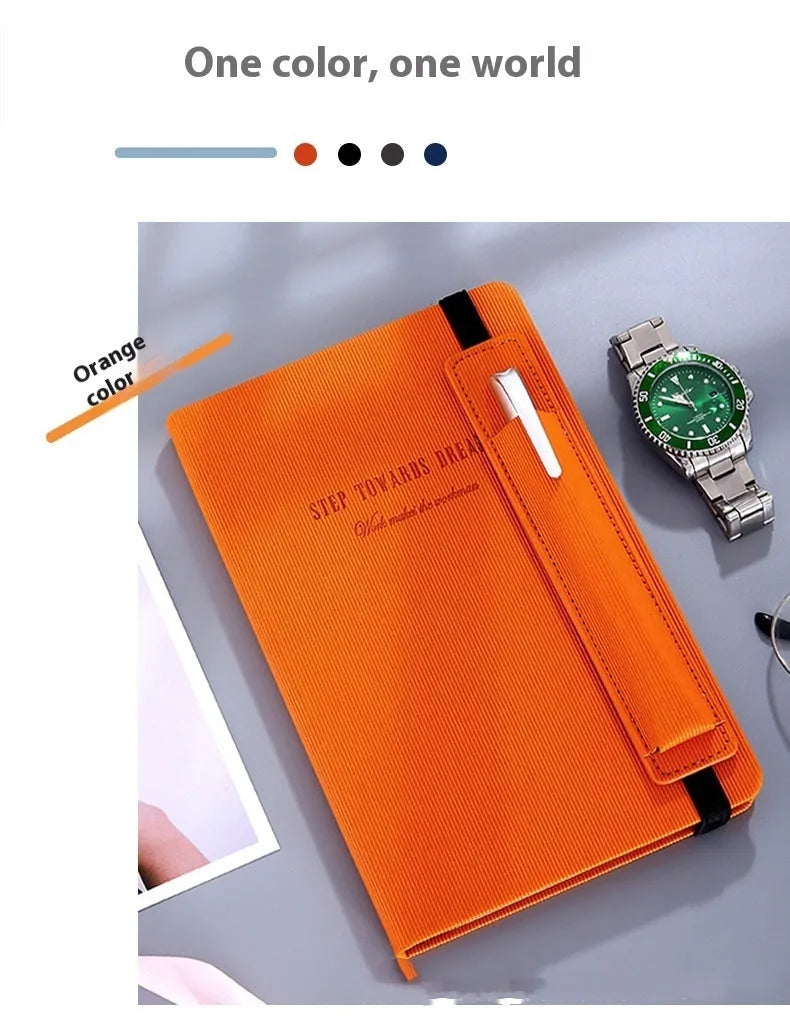 A5 faux leather notebook with pen insert and 200 sheets of 80gsm Dorian paper, shown in a choice of colours.