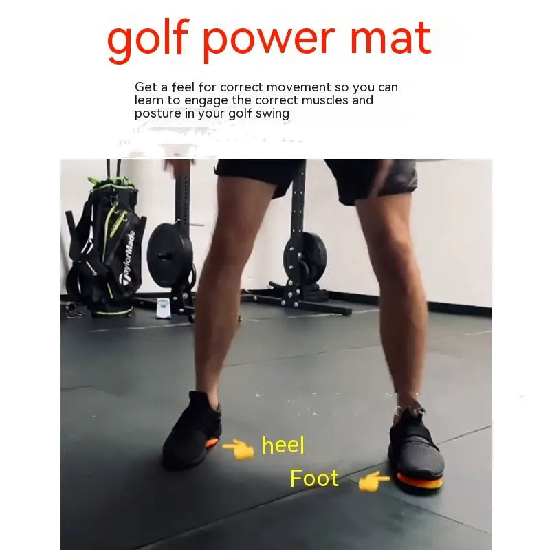 Orange natural rubber golf training mat for swing practice with centre of gravity design