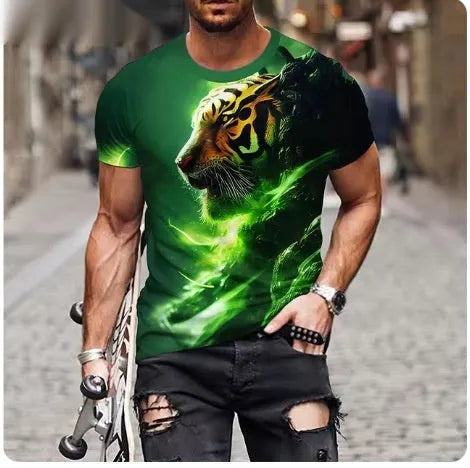 Men's black T-shirt featuring a textured 3D printed lion graphic on the chest.
