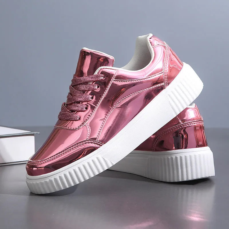 Rose gold sequin platform sneaker with a thick white MD sole and round toe.