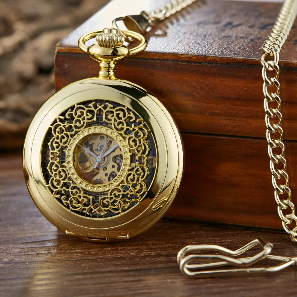 Retro hollow automatic pocket watch with large floral print dial on an alloy strap.