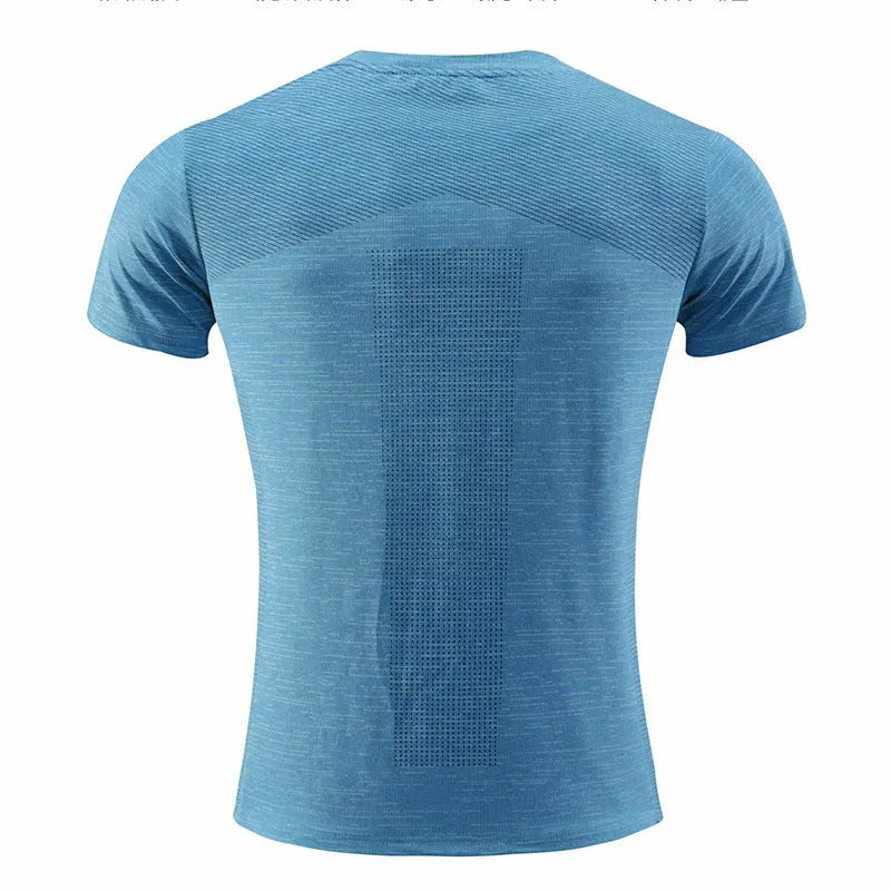 Men's short sleeve basketball T-shirt in polyester spandex, shown in red, on a mannequin.