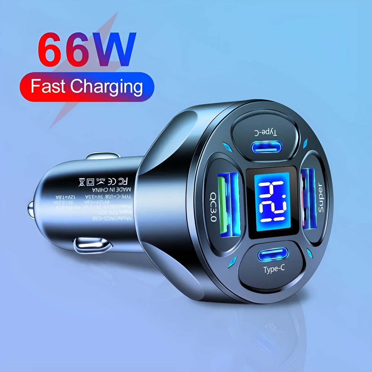 66W digital display car charger with two USB and two Type-C ports showing voltage readout