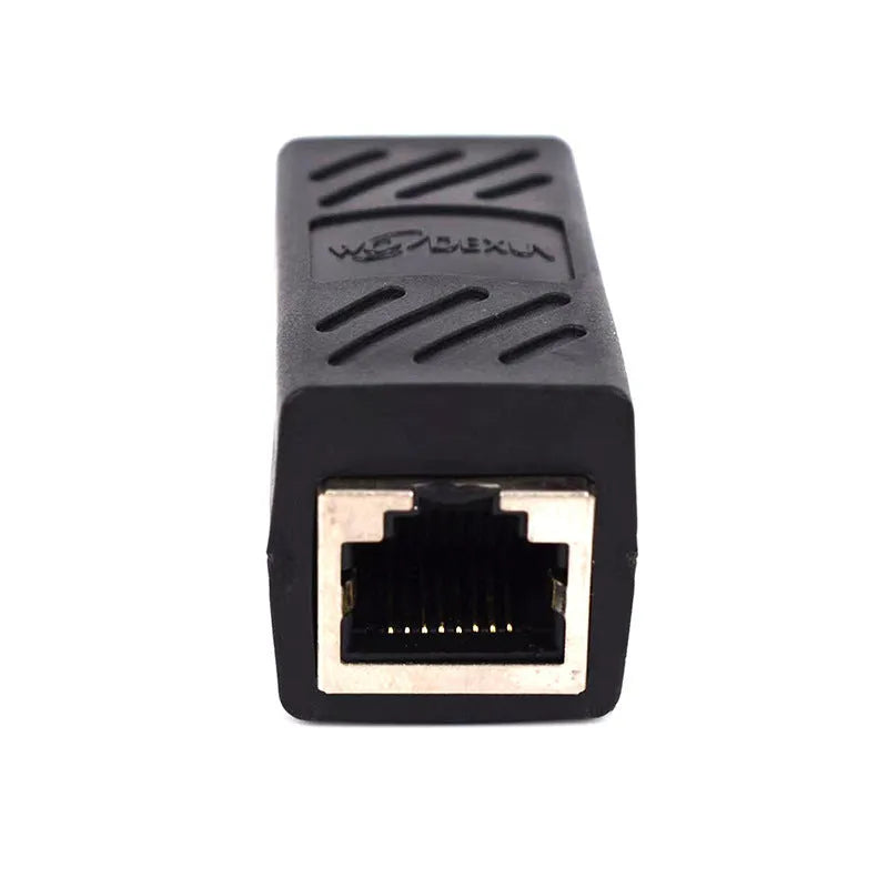 Black RJ45 network cable extender adapter for connecting two Ethernet cables