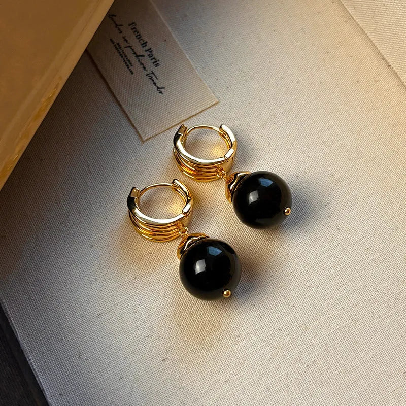 Tigereye stone geometry earrings with gold plating in brown and black French retro style