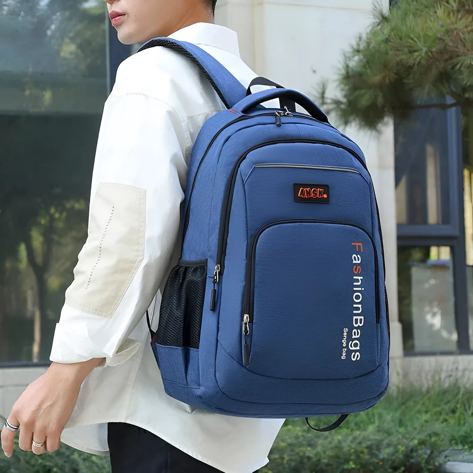 Fashion nylon backpack in black with double shoulder straps and multiple zipper compartments for travel and computer storage