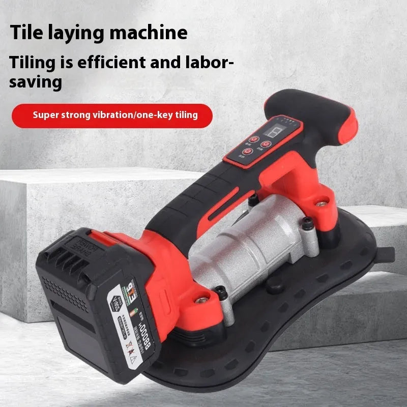 Automatic tile laying machine with adjustment dial for tiles 30cm to 200cm, shown with batteries and charger.