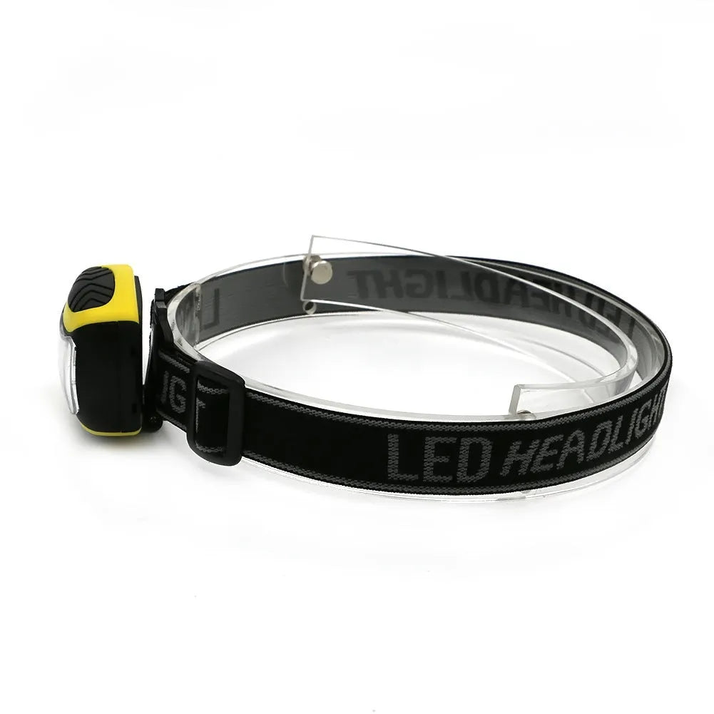 Yellow plastic headlamp with a central COB LED light, shown as a single unit for outdoor use.