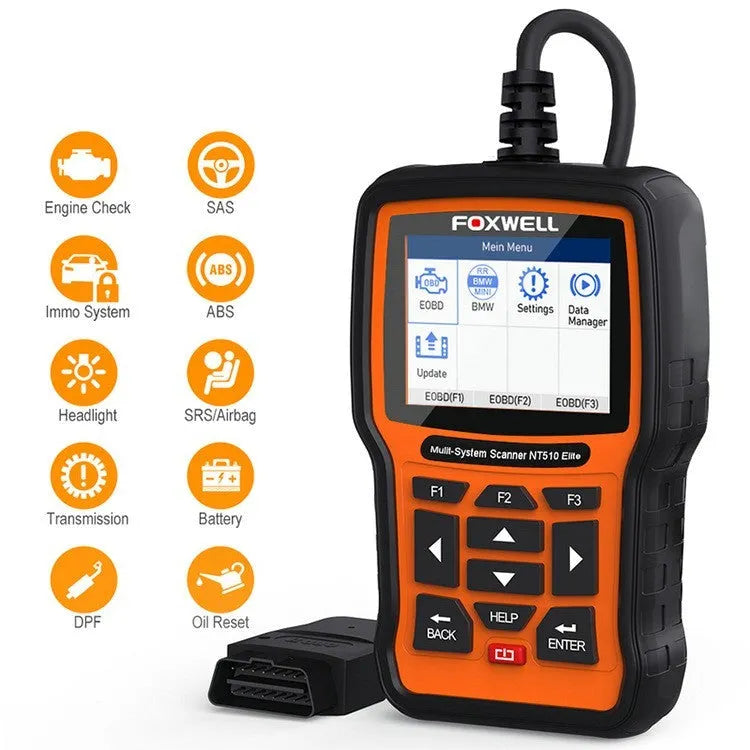 Foxwell NT510 orange and black automotive diagnostic scanner with OBD2 cable