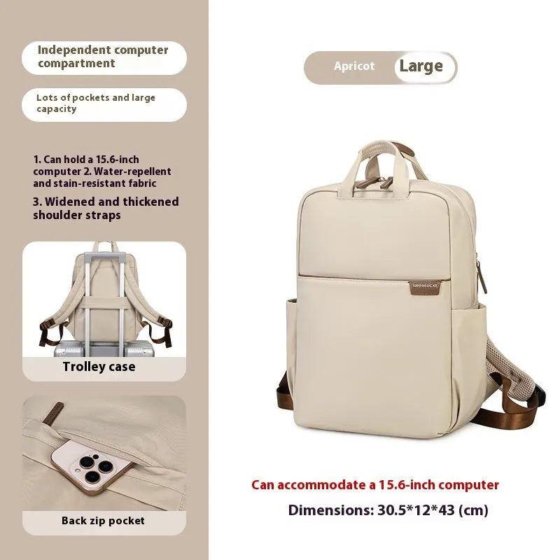 Large canvas travel backpack in apricot colour showing external pocket and urban style.
