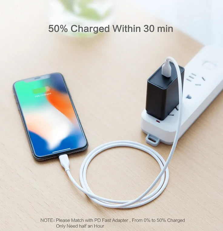 White nylon-braided USB-C to Lightning cable showing connectors and 1 metre length