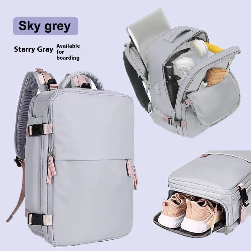 Large capacity waterproof Oxford cloth backpack in solid color with curved shoulder straps for travel and school use