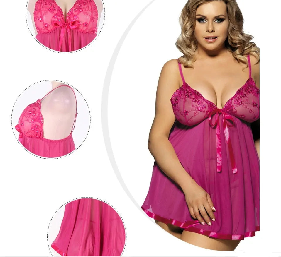 Women's lace sleepdress with mesh detailing in extended sizing up to 6XL