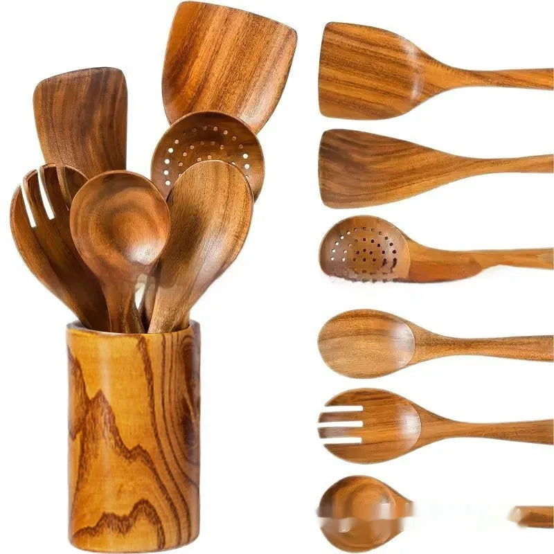 Wooden 7-piece kitchen utensil set showing spoons, spatulas and soup spoons