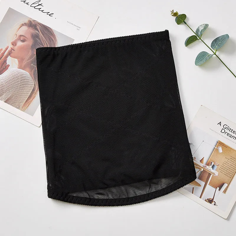 Black mesh belly band with cross-back waistband design for postpartum waist support