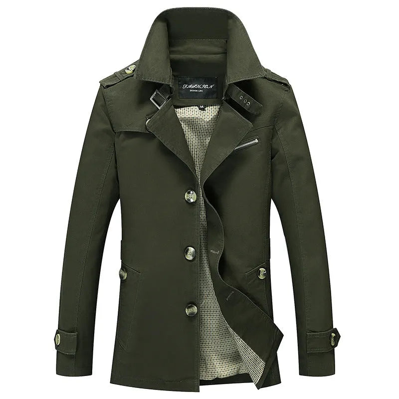 Men's washed cotton windbreaker jacket in army green, Korean style, sizes M to 5XL