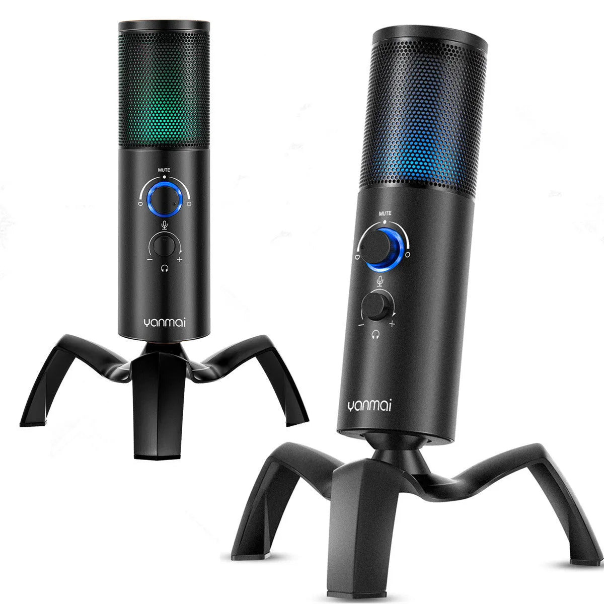 Black Q18 two directional condenser microphone with RGB breathing lamp, metal shell, and adjustable tripod bracket for USB recording