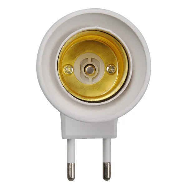 White wall plug-in E27 screw lamp holder with integrated on/off switch.