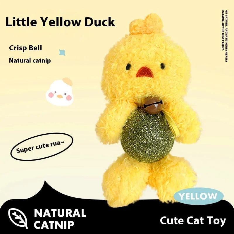 Plush catnip toy in animal design with bell, showing mint ball core for feline bite relief