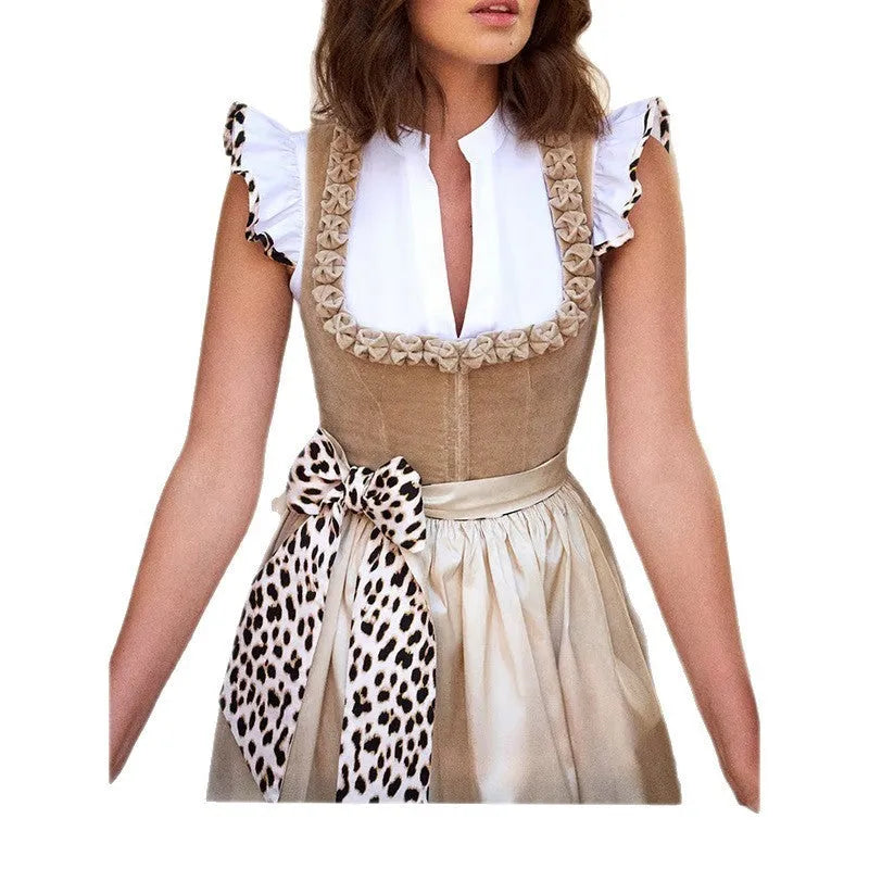 Khaki German Oktoberfest women's dress in cotton-polyester fabric with elegant styling and comprehensive sizing options