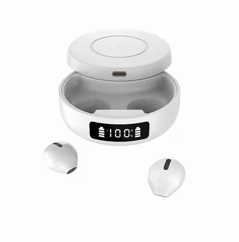 Mini semi-in-ear wireless Bluetooth earphones with wireless charging case in black, white, and colour options