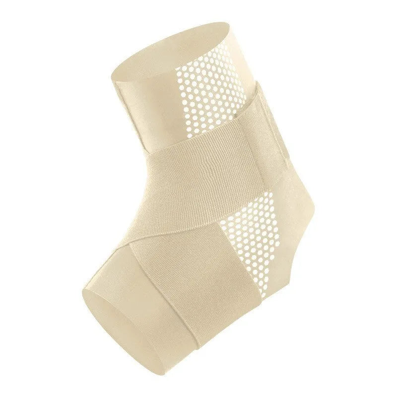 Black Lycra ankle support brace shown on adult ankle with adjustable sizing tab visible
