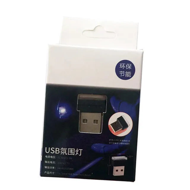 USB car LED night light in white, blue, ice blue, pink purple, red, green, or yellow, PC and LED, 5V 0.034W.